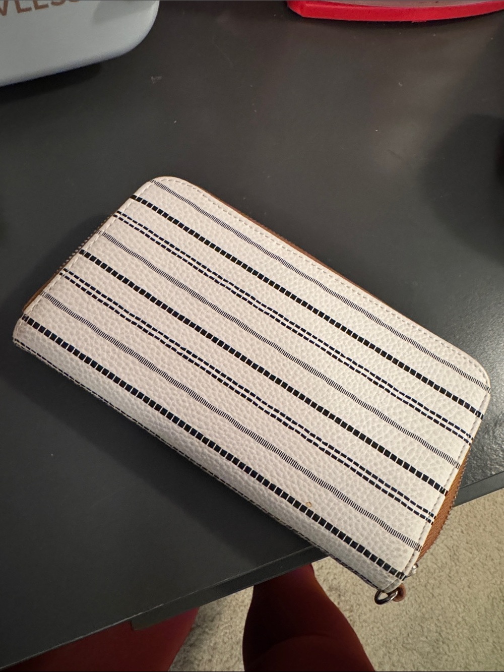 Striped Zip-Around Wallet in White, black and tan
